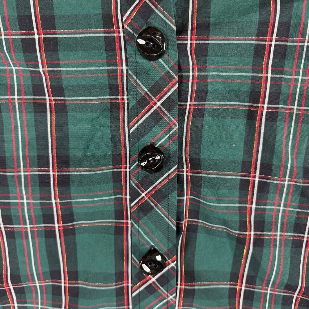 Foxcroft plaid shirt women's size 16 green decorative buttons 3/4 sleeves - Picture 4 of 12